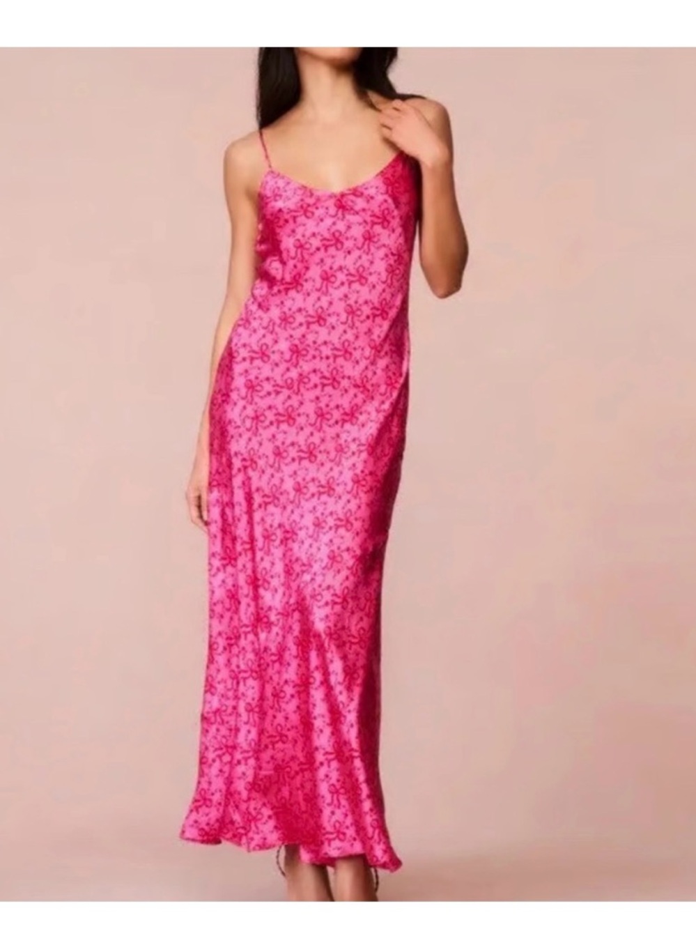 LoveShackFancy Hot Pink Satin Slip Dress with Berry Floral Print